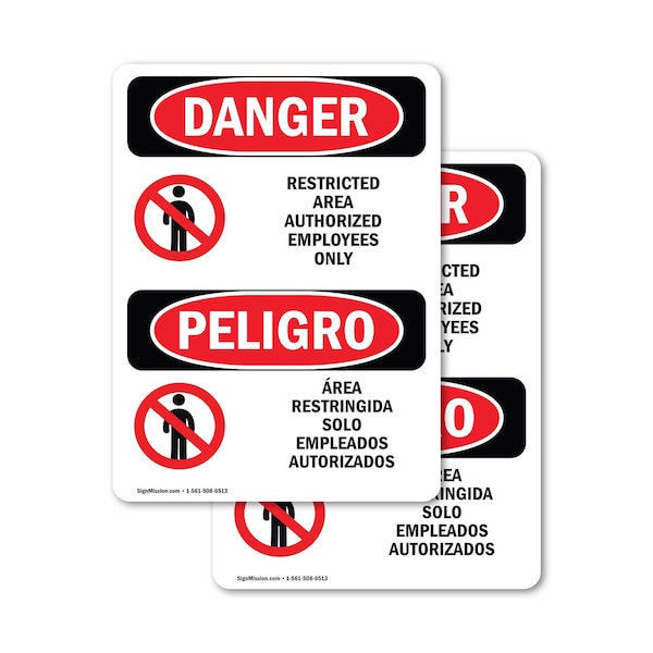 Signmission Restricted Area Authorized Employees Only Danger Sign, Vinyl Decal, 7in W x 10in L, 2PK OS-2PACK-DS-D-710-VS-1548 - main